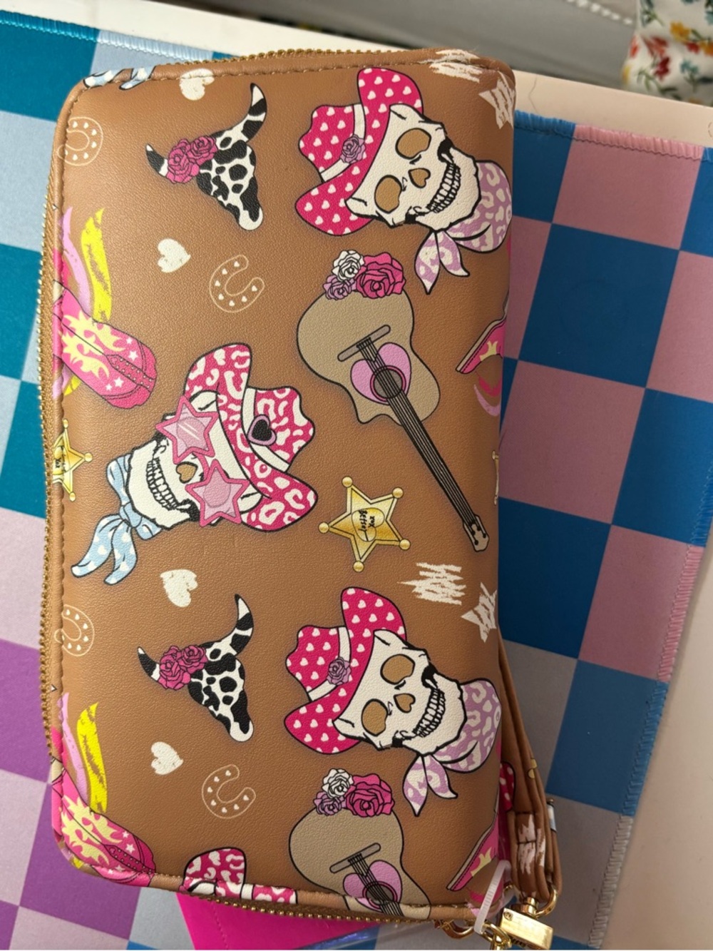 Betsey Johnson Tan Wallet with Pink & White Cowgirl Skull Print - Picture 2 of 5